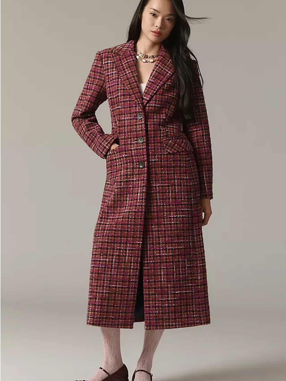 Anthropologie Long Plaid Wool-Blend Coat in Burgundy size M nwot